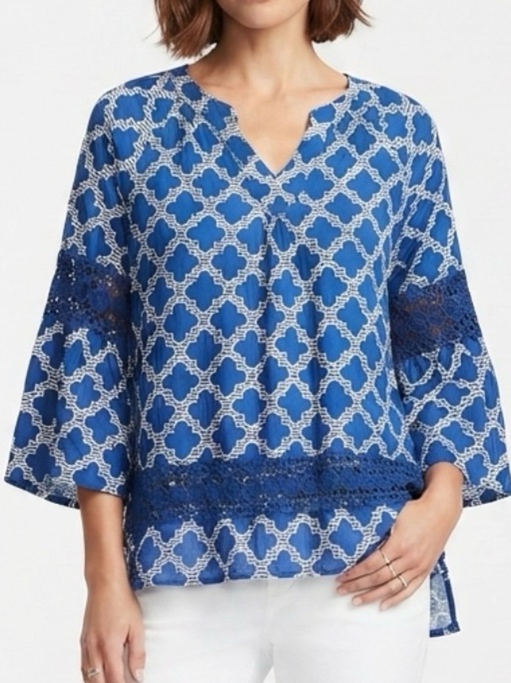 XL Crown & Ivy Royal Blue Geometric Print Bell Sleeve Top with Crochet Detail